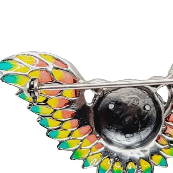 Handmade 925 Sterling Silver Plique Enamel Ruby Marcasite Brooch Owl in Flight - Picture 9 of 9